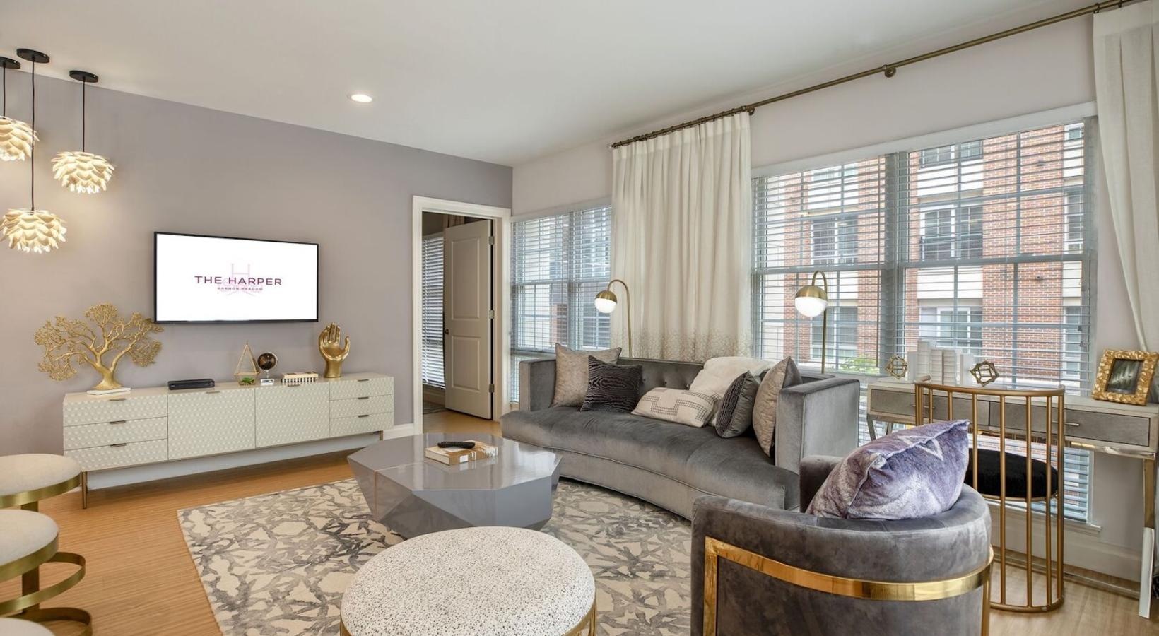 a living room with a large window