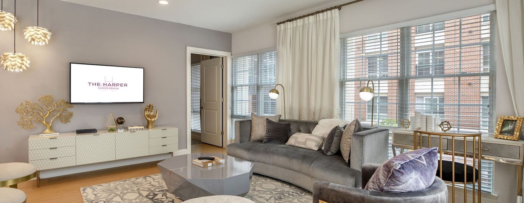 a living room with a large window