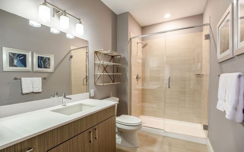 a bathroom with a glass shower