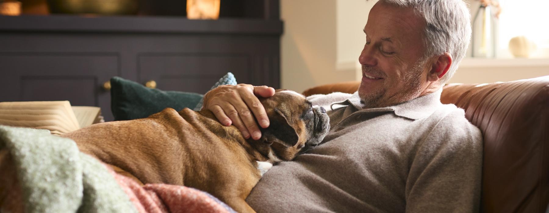 a man holding a dog